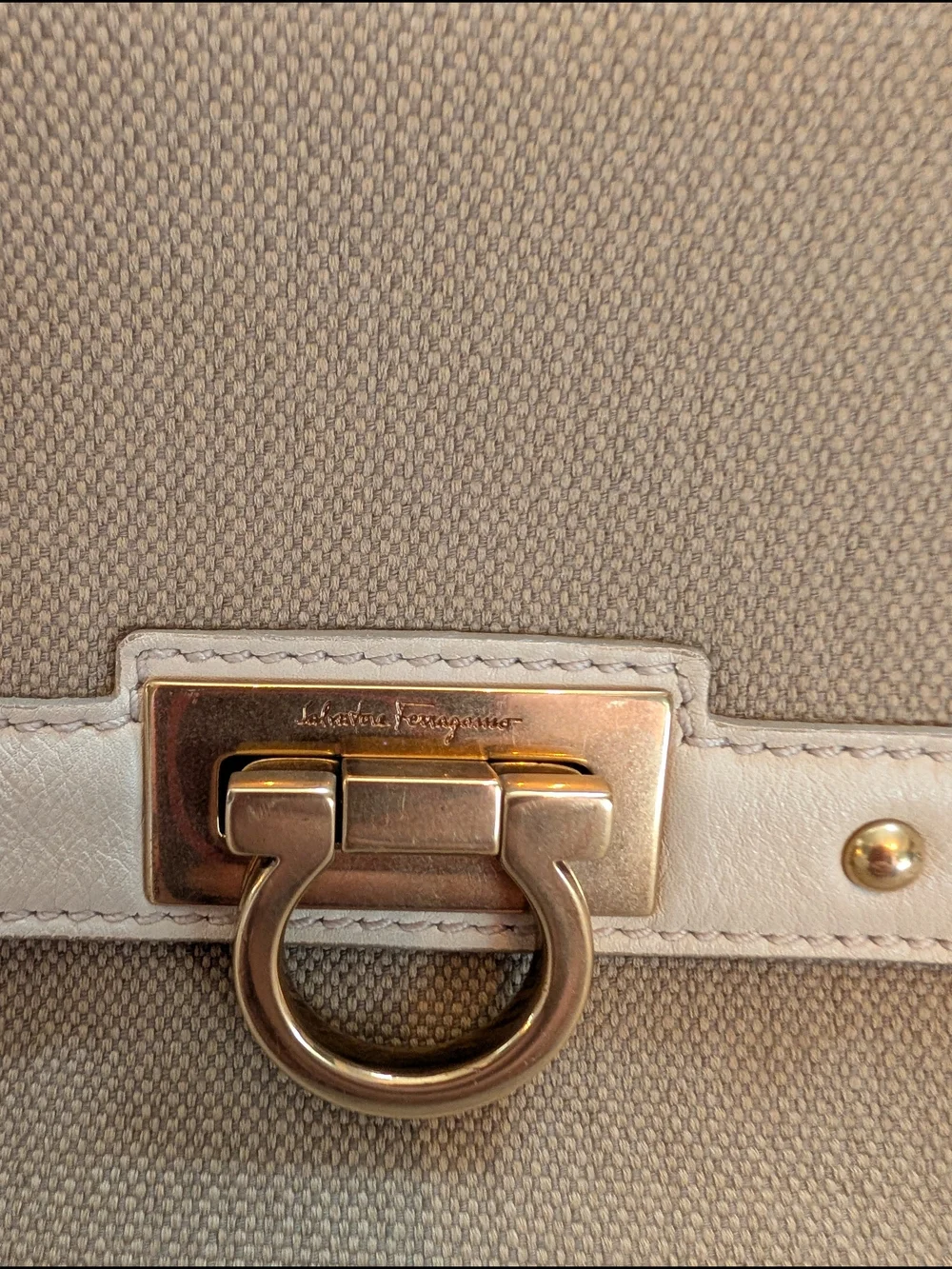 Salvatore Ferragamo Cream & Beige Stud-Trim Top-Handle Satchel